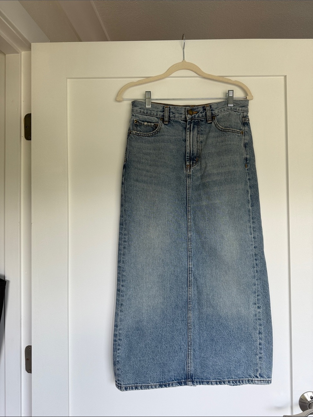 THE GREAT. Light Blue Straight Denim Skirt